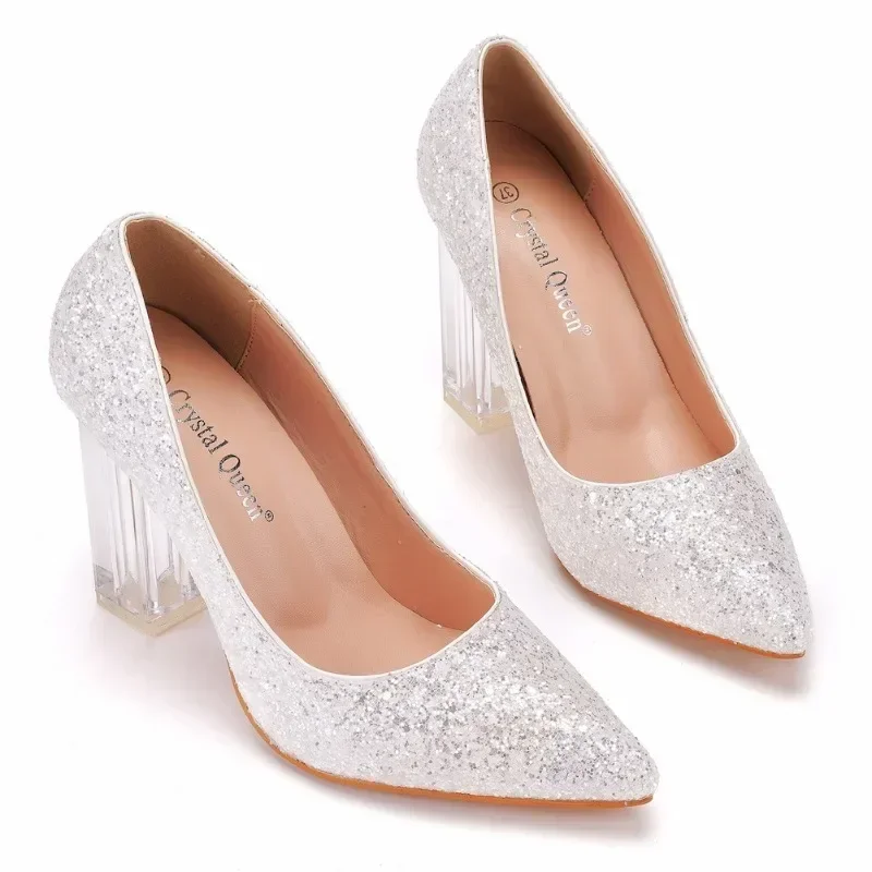 New Luxury Pumps Women Pointed Toe Bling Slip-On Sequined Cloth 9.5CM Square Heel Party Dress Korean Style Women Shoes White