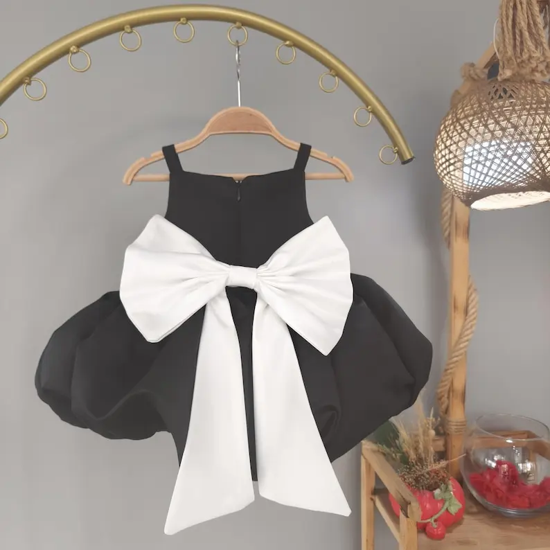 Flower Girls Dress Elegant Black Toddler Dress, White Flower Applique, Bubble Skirt, Special Occasion Outfit for Wedding Party