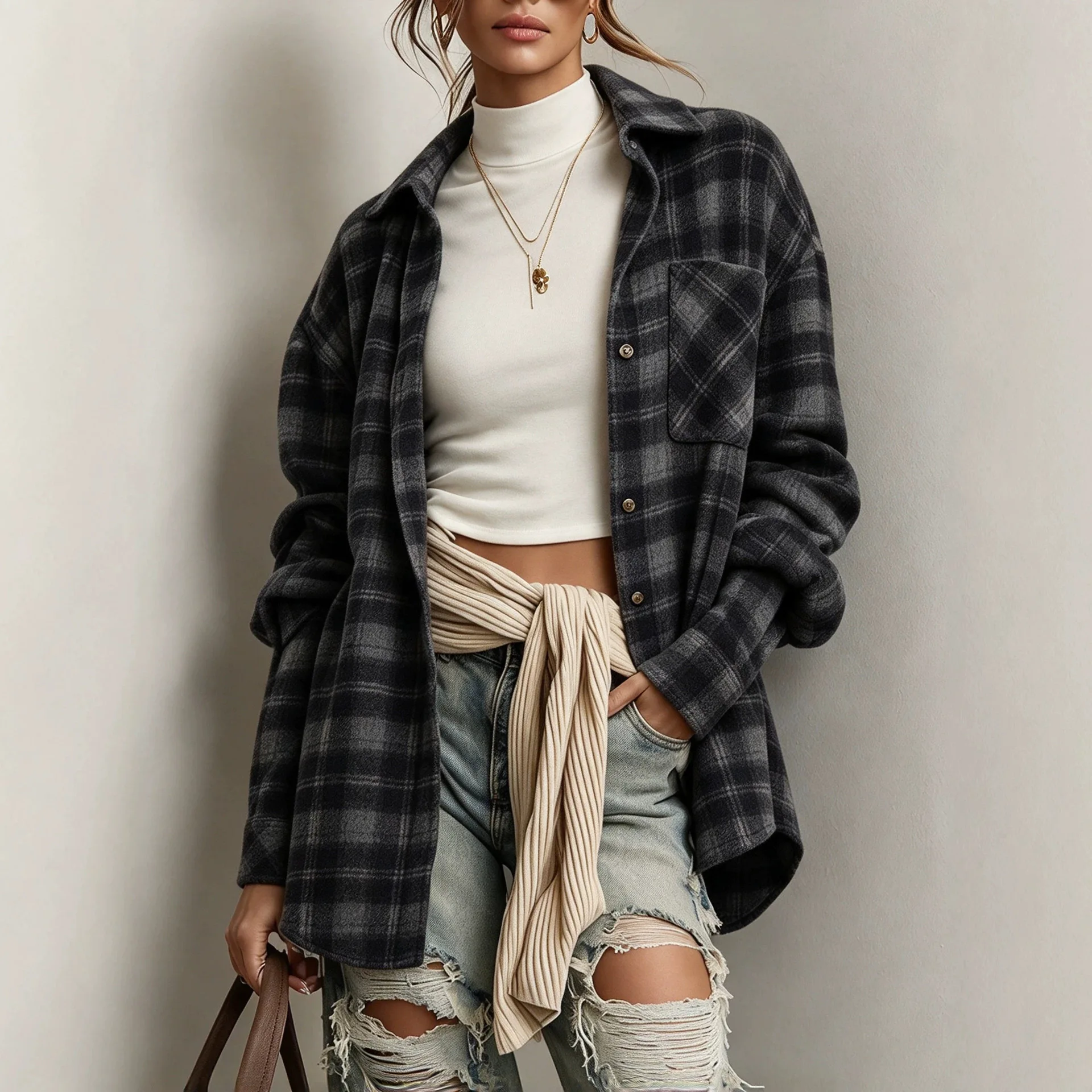 Women Flannel Plaid Shirt Oversized Lapel Long Sleeve Loose Checkered Shacket Drop Shoulder Casual Blouse Jacket