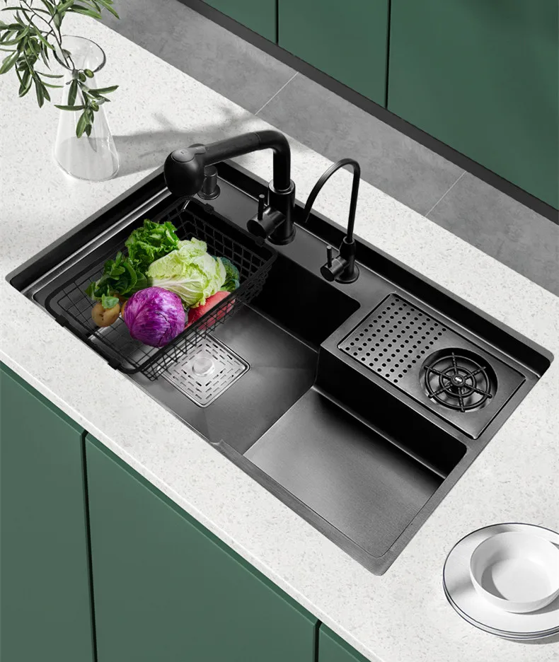 Multifunctional Black Nano Stainless Steel Large Single Sink Step High and Low Cup Washer Kitchen Sink