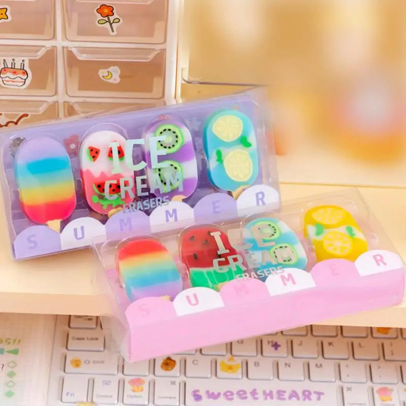 Lytwtw's Cartoon Cute Kawaii Ice Cream juego de Mini goma de borrar para niños, papelería novedosa, suministros escolares de oficina, 1 Juego