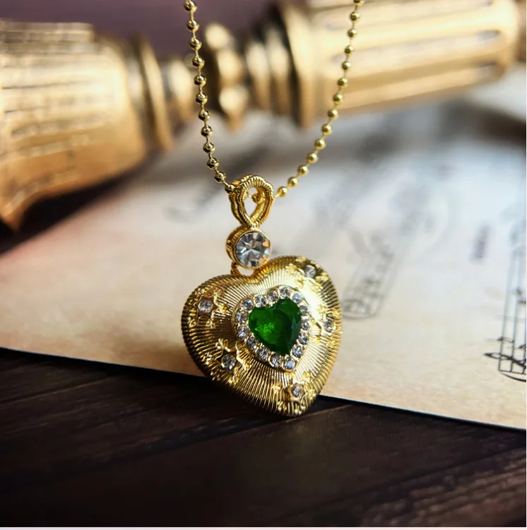 

9K 10k Gold Heart Enemal Zircons Pendant With Chain Long Necklace Heart Charm Cubic Zirconia Pendant Rope Snake Chain Love Gift