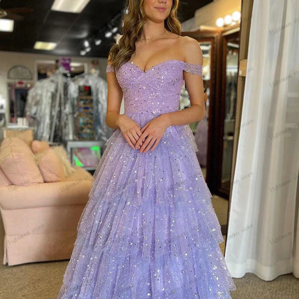 

Glitter Evening Dresses A Line Tulle Tiered Prom Dress Off The Shoulder Robes For Formal Party Vestidos De Gala Customized 2025