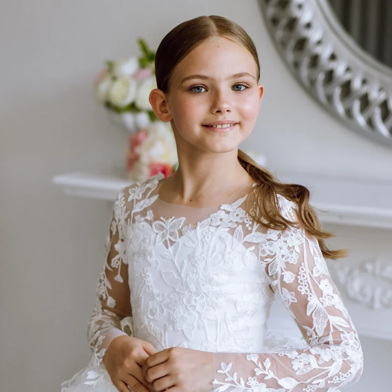 Best Flower Girl Dresses for First Communion: A Detailed Review of White  Tulle Gowns with Lace Appliqus and Long Sleeves