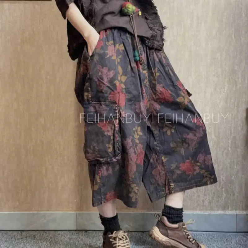 Summer Arts Style Women Elastic Waist Loose Casual Calf-length Pants Double Pockets Vintage Floral Print Capris Harem Pants F812