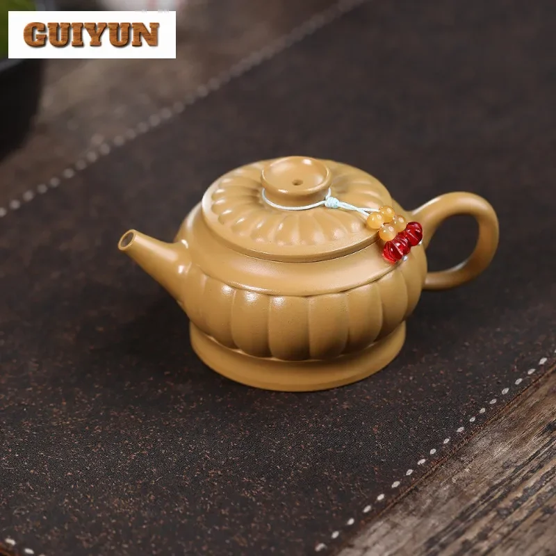 

220ml Yixing Purple Clay Teapots Handmade Rib Chrysanthemum Petal Pot Raw Ore Gold Zhu Mud Kettle With Infuser Zisha Tea Set Cha