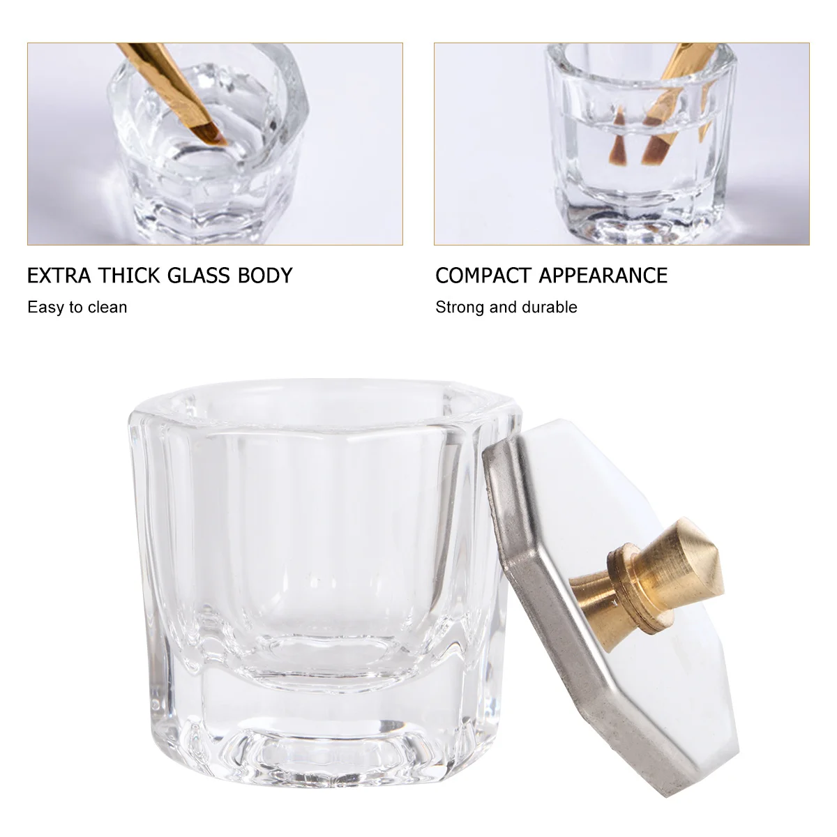 قطعتان من أكواب تزيين الأظافر الزجاجية المتينة المصنوعة من الفولاذ المقاوم للصدأ والزجاج، حاويات صغيرة شفافة مع أغطية للاستخدام الاحترافي