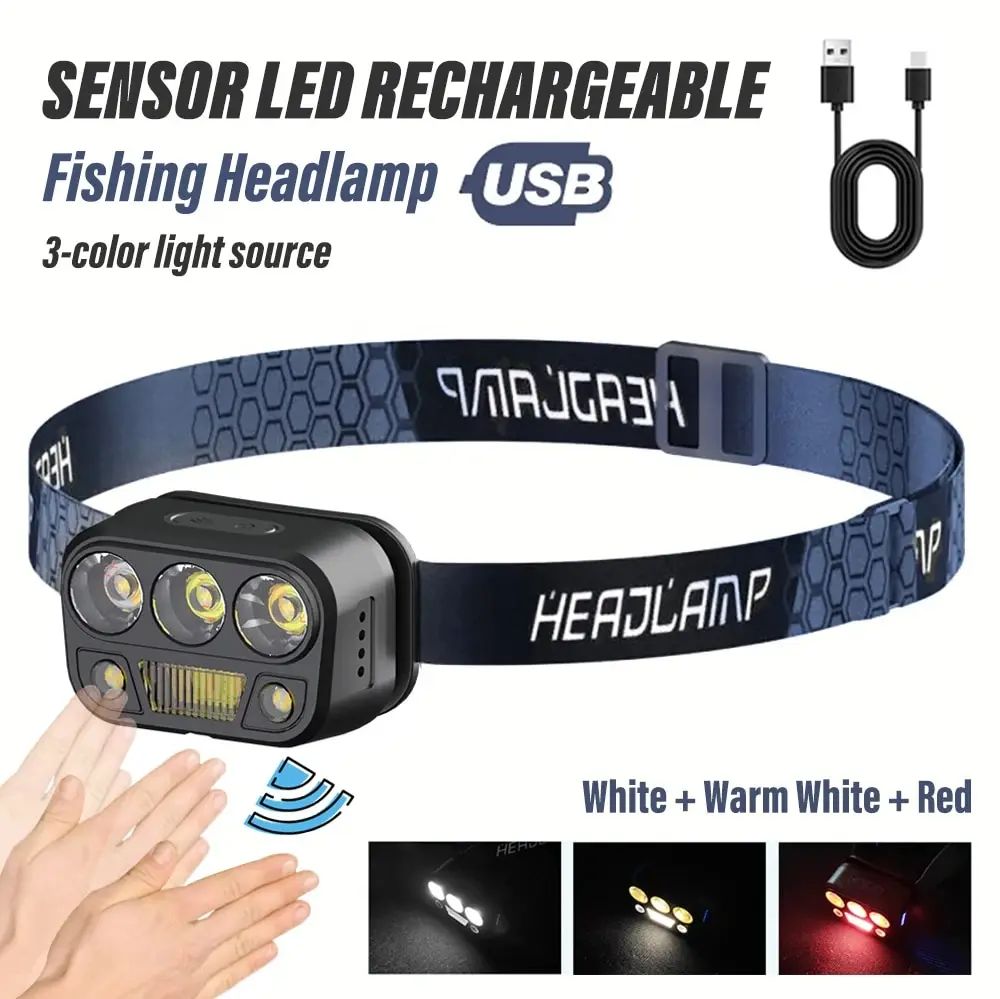 Rechargeable Induction Fishing LED Headlamp With XPG+COB Ultra-bright Light Support White Light+Red Light Ultra-light Lamp Body