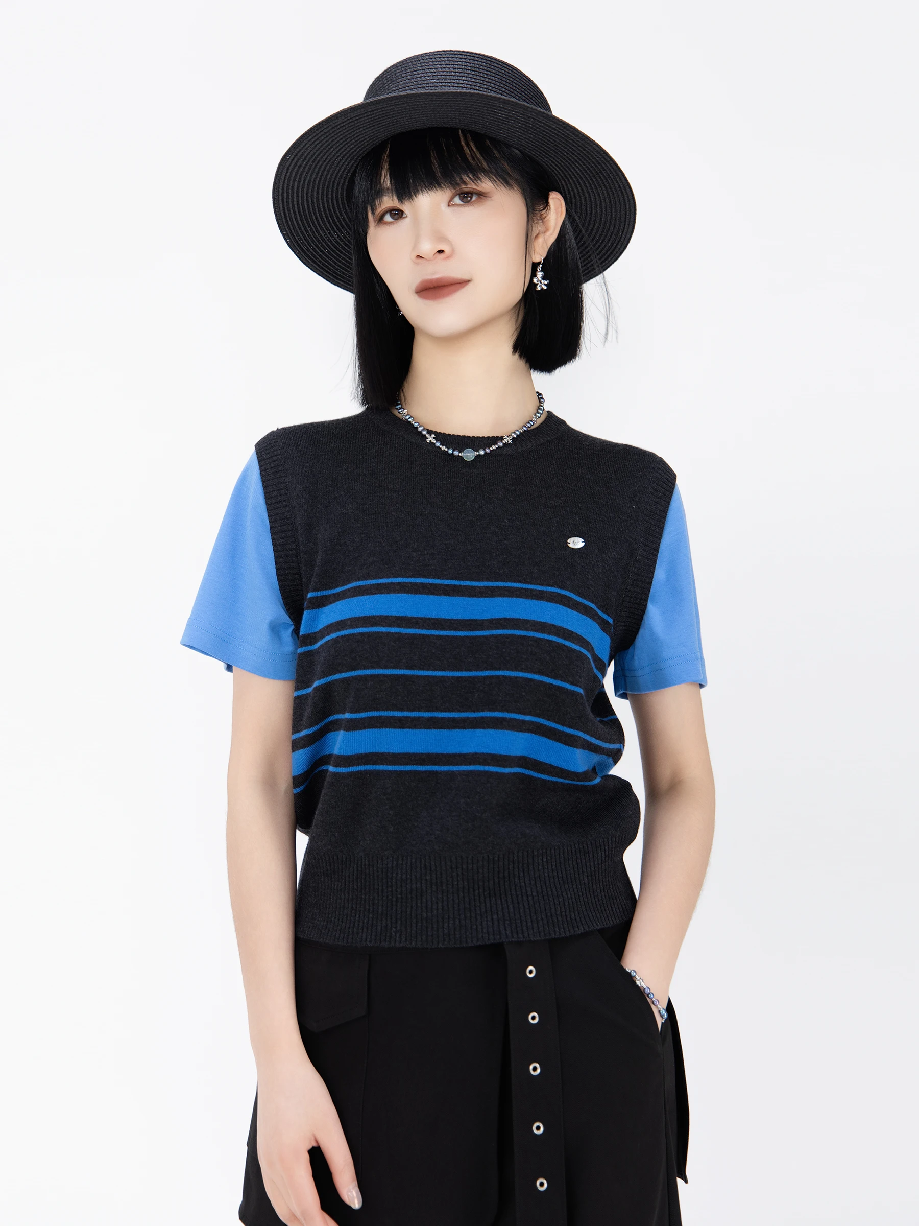 

Bookru Color Blo Stripe Knitted ort Sve T-irt Women Summer Slim Fit Vest Top Casual Loose Sle round Ne Design