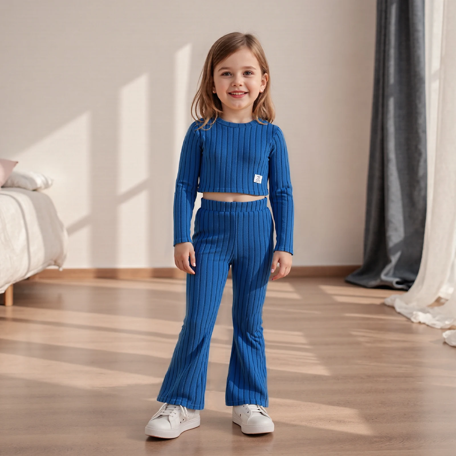 توين فتاة الخريف متماسكة ملابس الصلبة مضلع كم طويل جولة الرقبة قمم مرونة الخصر مضيئة السراويل 2 قطعة مجموعة #3