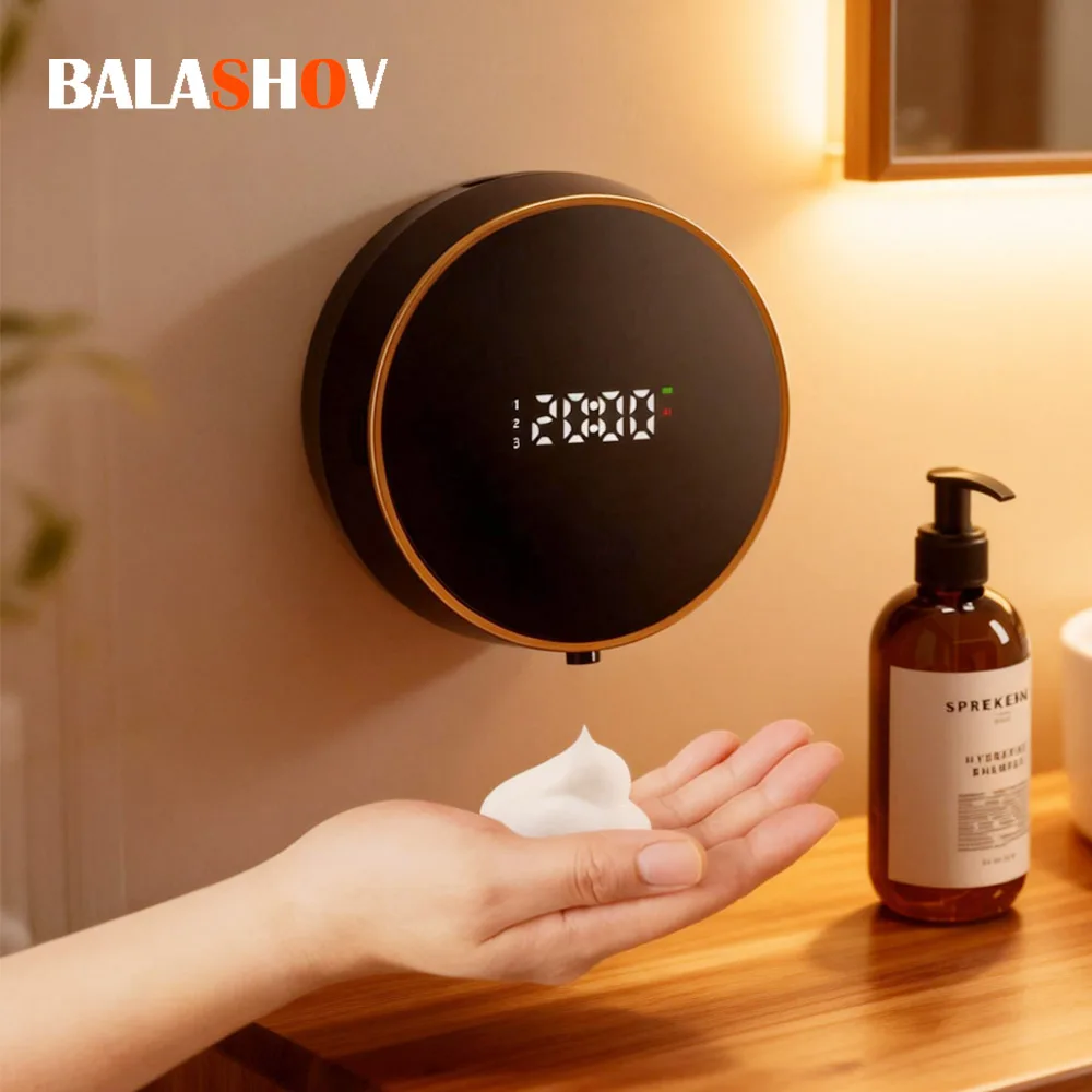 Dispenser automatico di sapone rotondo con display a LED a induzione intelligente montato a parete da 300 ml Lavatrice a mano a infrarossi touchless
