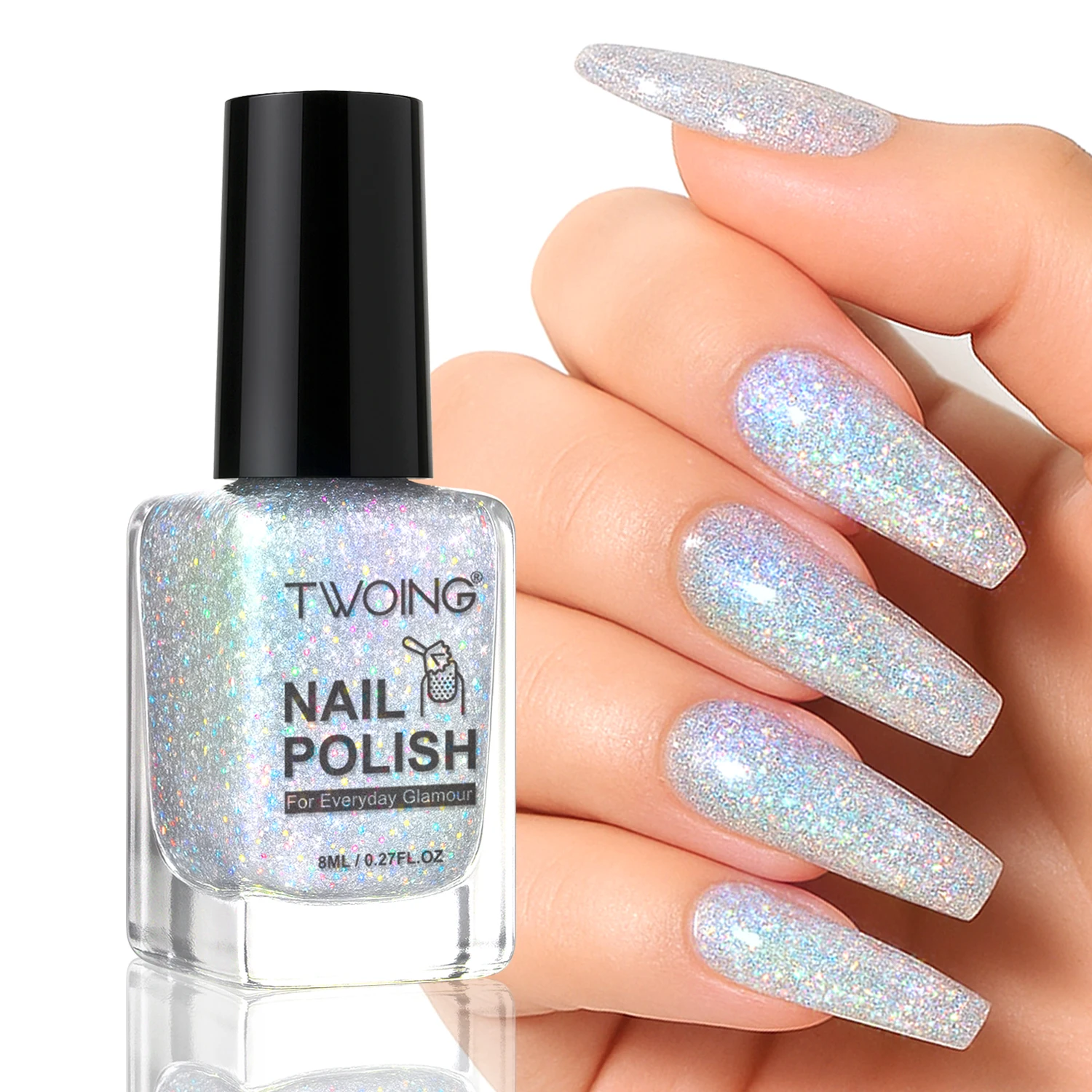 8 ml holografischer Nagellack, silberner Glitzer-Nagellack, schnell trocknend, hochglänzendes, glänzendes Nagelpigment, schillernder Laser-Nagel