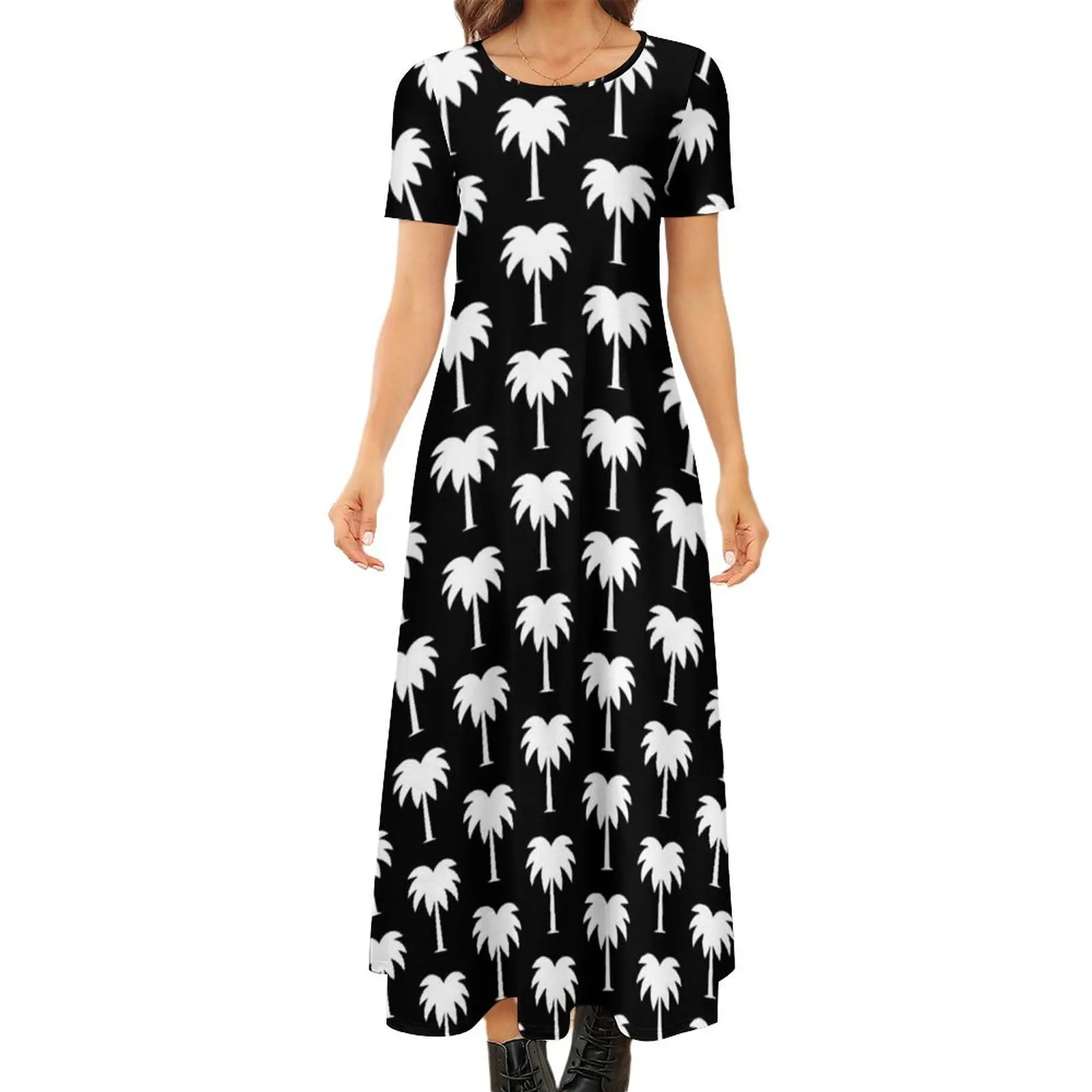 Tropical Palm Tree Dress Black and White Maxi Dress Short Sleeve Fashion Boho Beach Long Dresses Women Printed Oversized Vestido