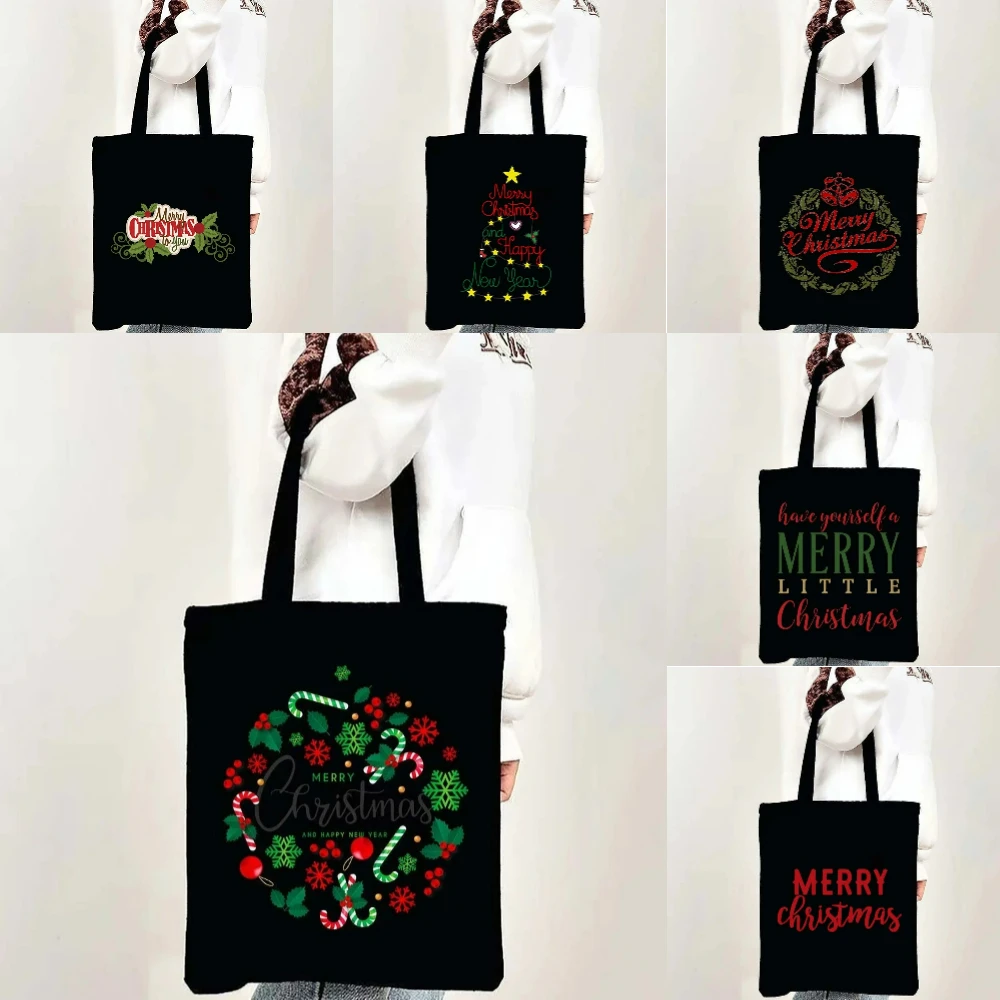 

Black Christmas tree tote bag Christmas hat Christmas elements Handbag Large-capacity Shoulder Bag Shopping Daily Use Gift