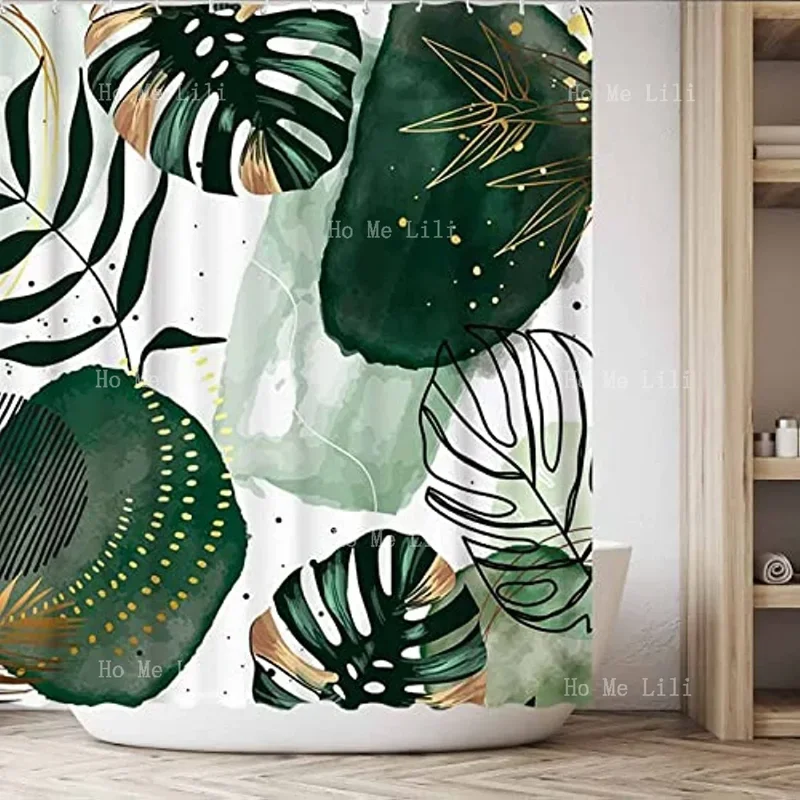 Fun Tree Green Chic Abstract Shower Curtain Set Hooks Boho Leaf Tropical Watercolor Simple Minimalist Modern Bathroom Bath Decor