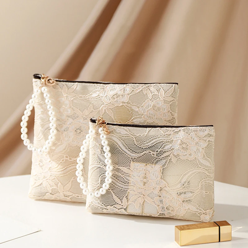 Sweet Lace Cosmetic Bag With Imitation Pearl Chain Portable Travel Toiletry Pouch Organizer For Women Makeup Keys Coin Purse