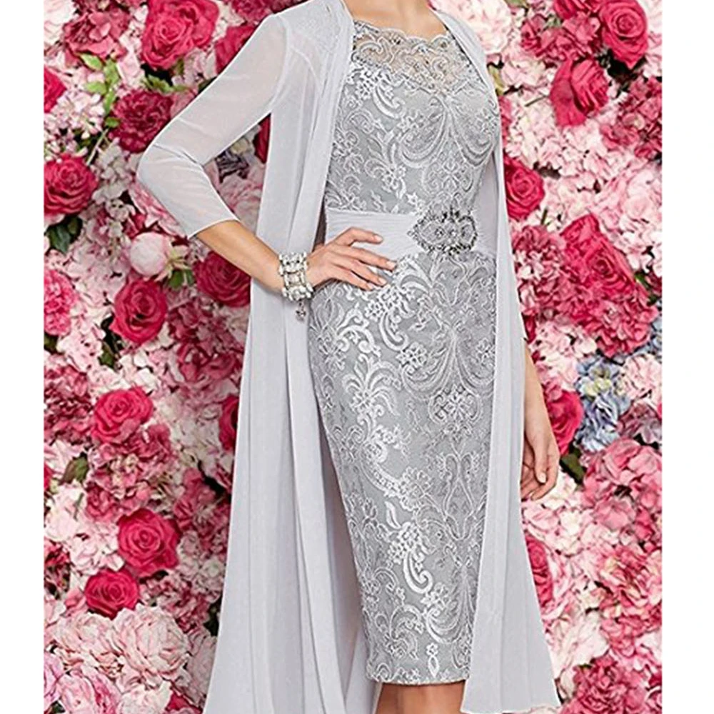 2024 Mother of the Bride Dresses With Chiffon Jacket Lace Satin Sheath Short Knee Length Women Cocktail Party Celebrity Gowns