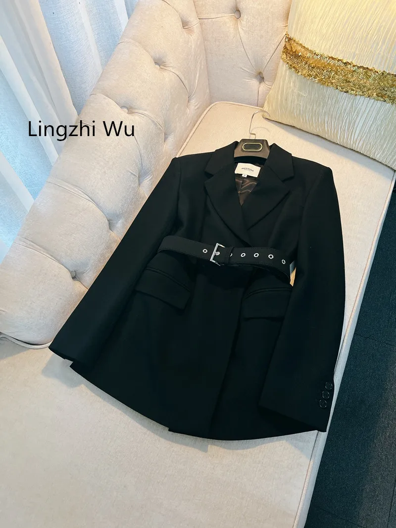 Lingzhi Wu Franse Vintage Britse Elegante Topkwaliteit Riem Slanke Taille Zwarte Wollen Blazer Bovenkleding Dames Nieuwkomer