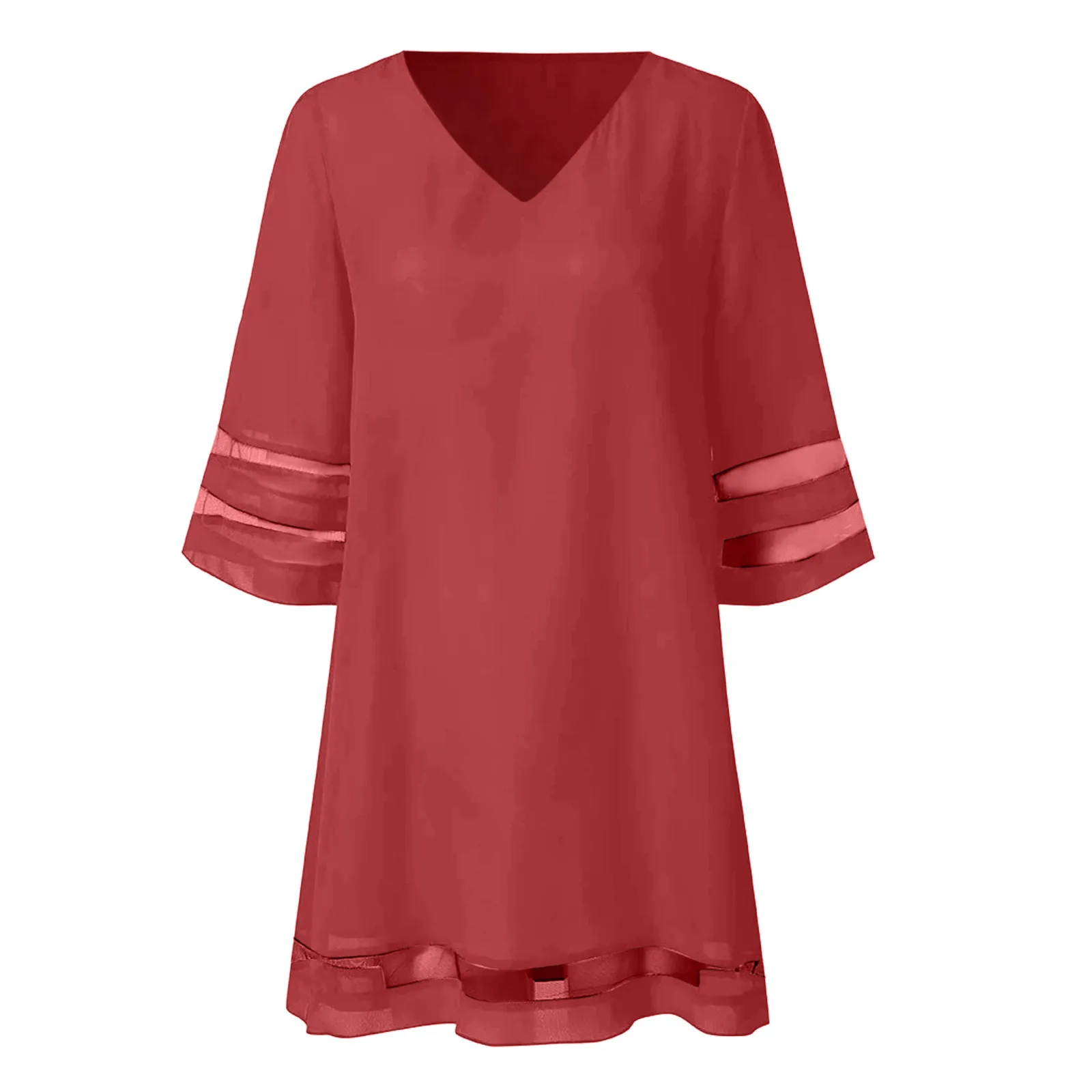 Women's Summer Mini Dress V-neck Three Quarter Sleeve Casual Loose Beach Dresses For Women Tunic Mesh  A Line Dress Vestido