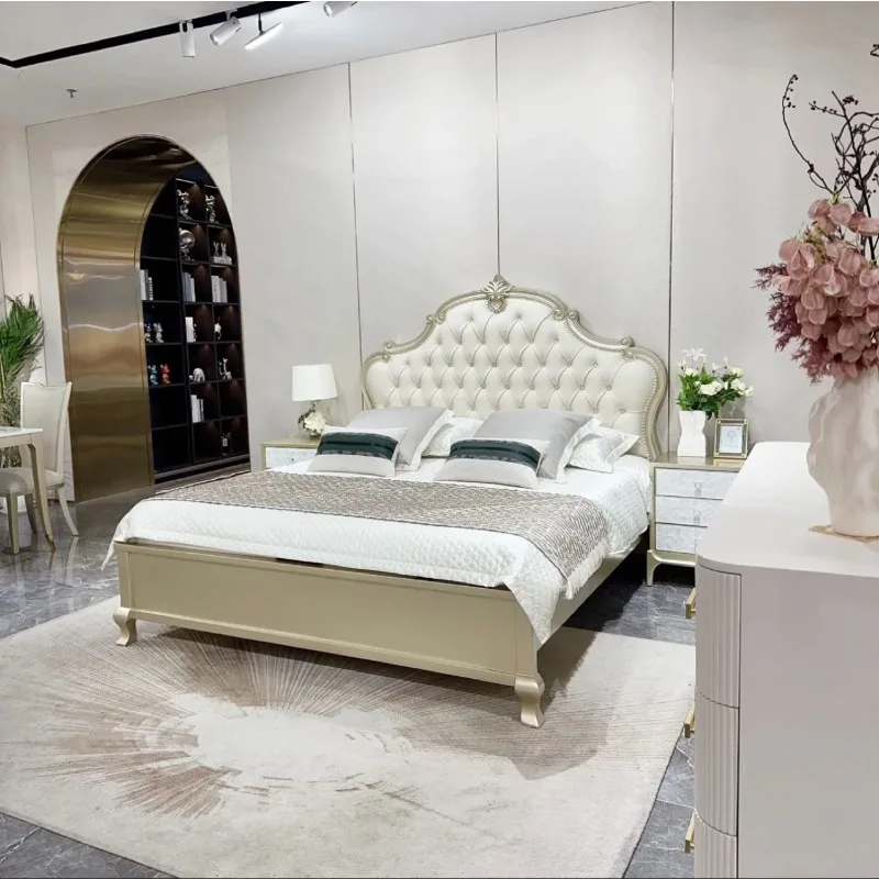 American light luxury French simple luxury carved simple European bed, white living room home master bedroom double princess bed