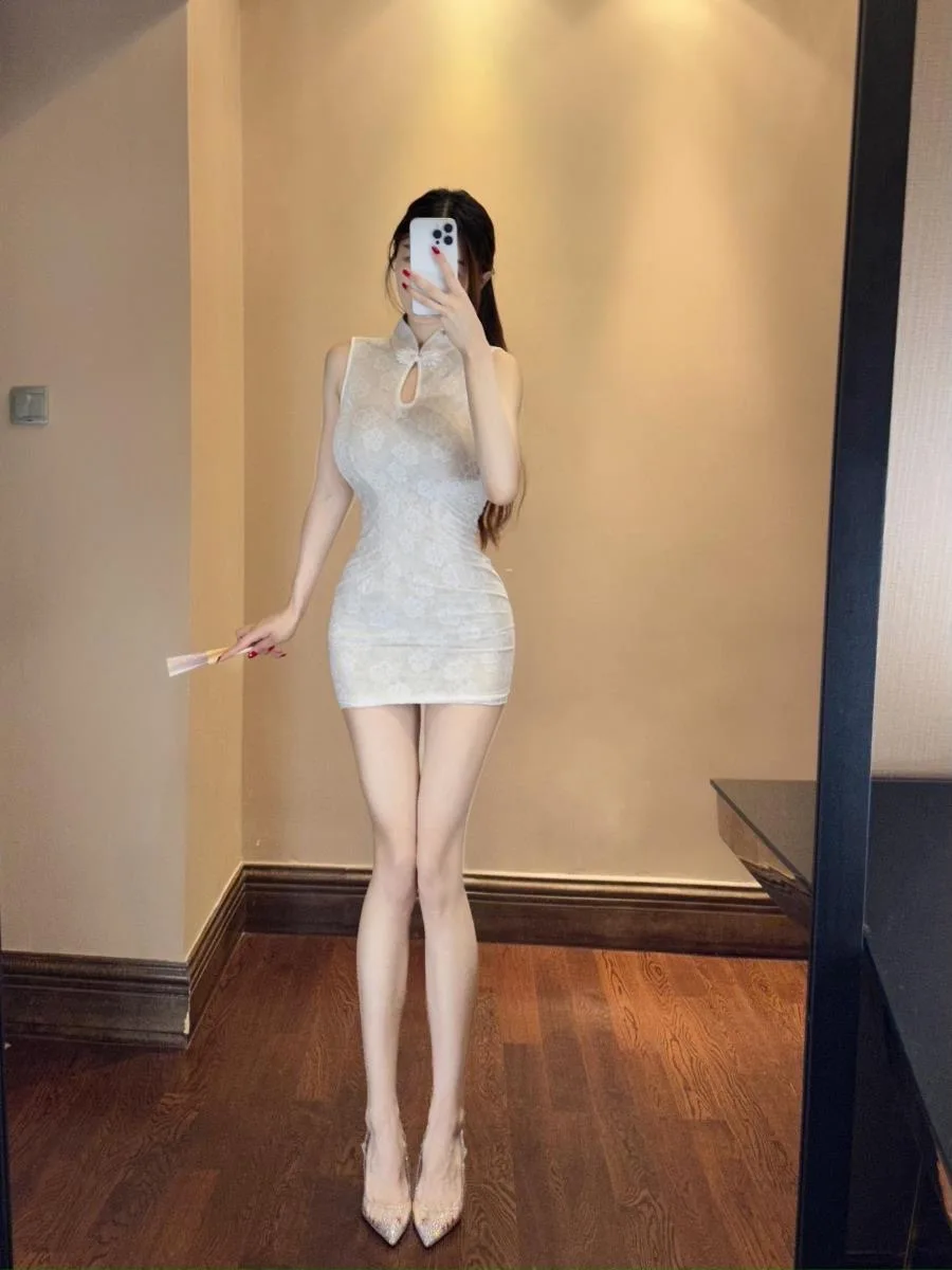 KING BRAND Retro Chińska Spódnica z Wycięciami, Biała, Dopasowana, Obcisła, Letnia Ciwalk