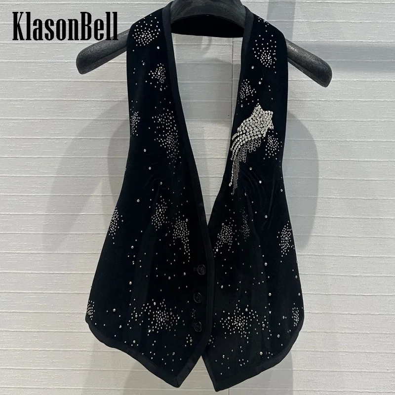 

7.30 KlasonBell Women Fashion Bling Diamonds Embroidery Beading Velvet Vest Temperament Sexy Halter Backless Short Tank Top