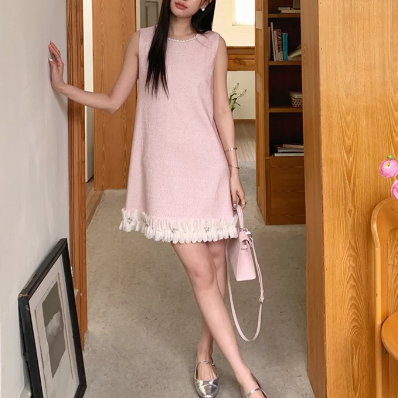 

Pink White Black O Neck Beaded Sweet Dress Women Sleeveless Loose Fashion Romantic Wedding French Small Fragrance Short Dress