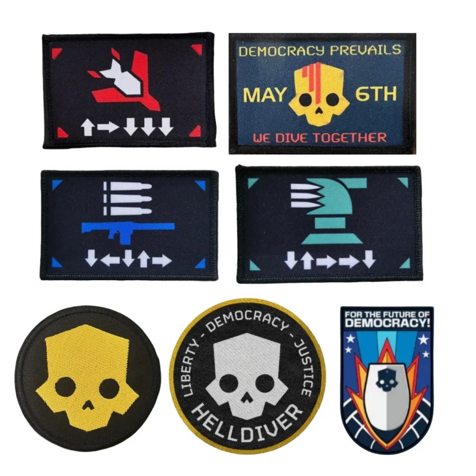 Helldivers 2 Skull Embroidery Tactical Patch Hook&Loop Emblem 'We Dive Together May 6th' Morale Badge Military Backpack Stickers