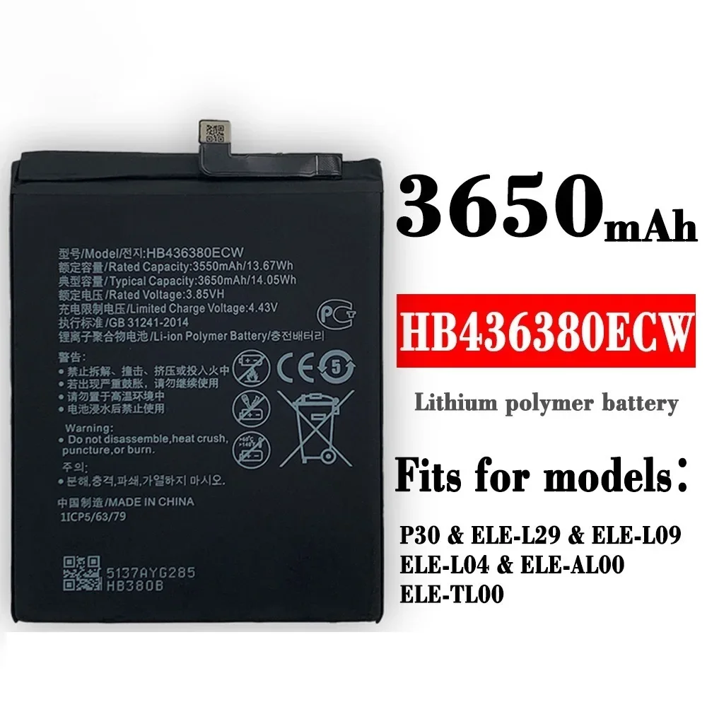 

HB436380ECW 3650mAh Battery For HUAWEI P30 ELE-L09 ELE-AL00 ELE-L29 ELE-TL00 Phone Rechargeable Batteries +Free Tools