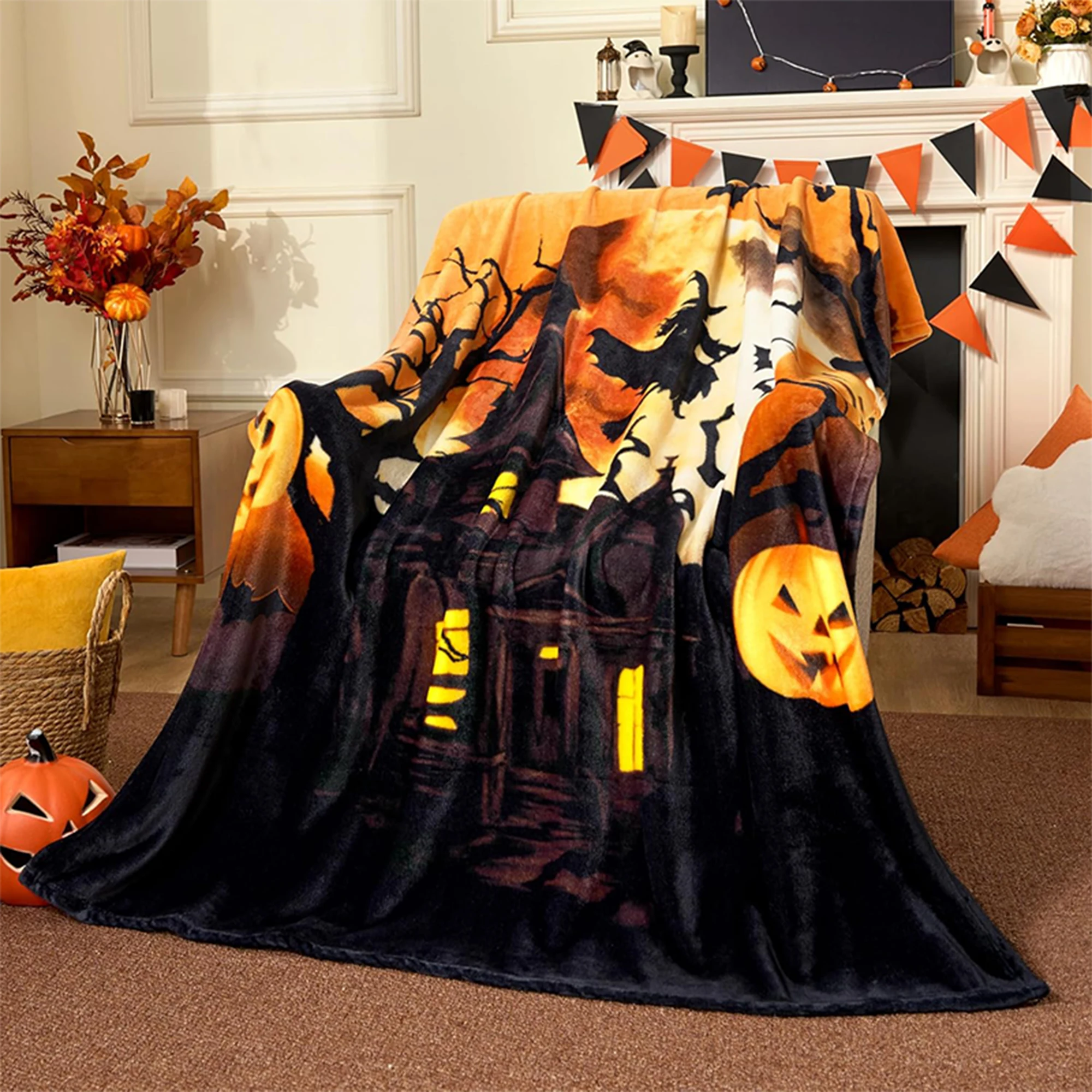 Spooky Halloween Fleece Blanket: Witch, Pumpkins & Haunted House Design Flannel Blanket, Soft and Comfortable