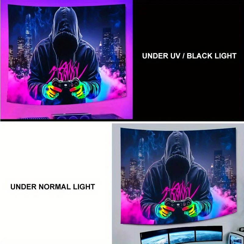 Mysterious Man Game Controller Fluorescent Tapestry - UV Reactive Bedroom Wall Hanging Decor