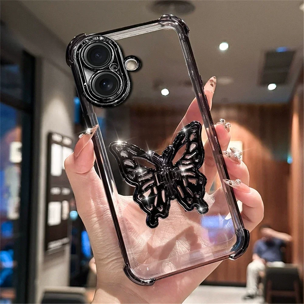 Transparent Butterfly Holder Anti Drop Cover For iPhone 16 15 14 Plus 13 12 11 Pro S MAX XR 7 Shockproof Protection Phone Case