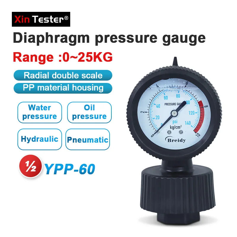 XinTester PP Diaphragm Pressure Gauge YPP-60 Is Acid Alkali Resistant and Corrosion-resistant 2KG/4KG/6KG