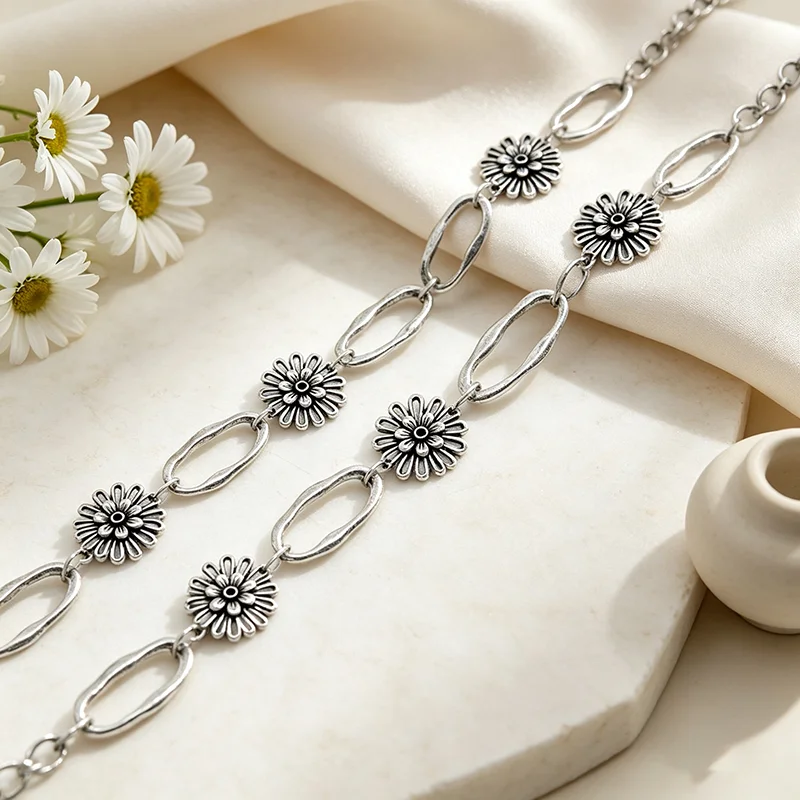Schöne 1M Silber Farbe Blume Oval Link Kette Erkenntnisse (B14206) – Detail 4
