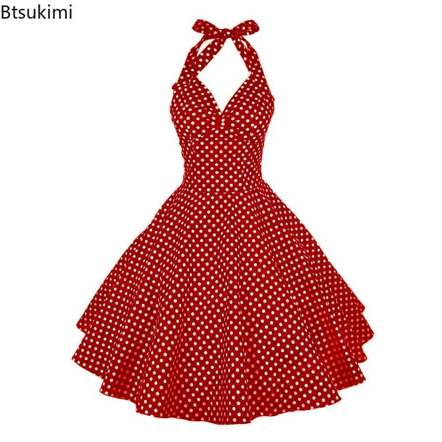 

New 2025 Polka Dot Hepburn Style Vintage Dress A-Line Backless Halter Pin Up Rockabilly Dress Women Summer Retro Party Vestidos