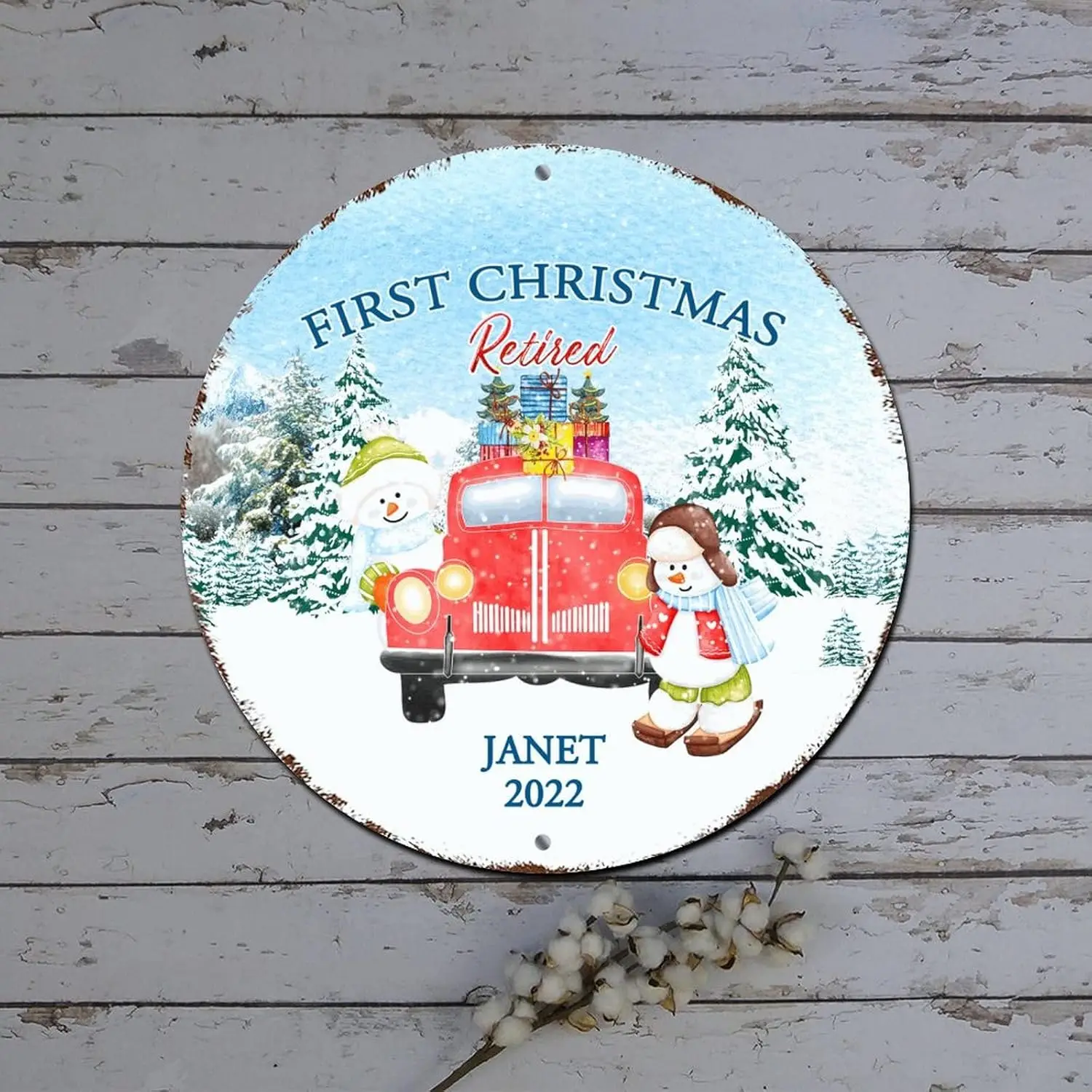 Christmas Wreath Signs First Christmas Retired Custom Name Red Truck Winter Scene Round Metal Tin Sign Christmas Decorations Vin