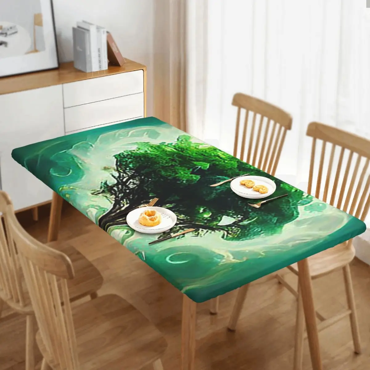 Magic Green Tree Customized Rectangular Tablecloth Oilproof Table Cover for Dining Events Table Cloth
