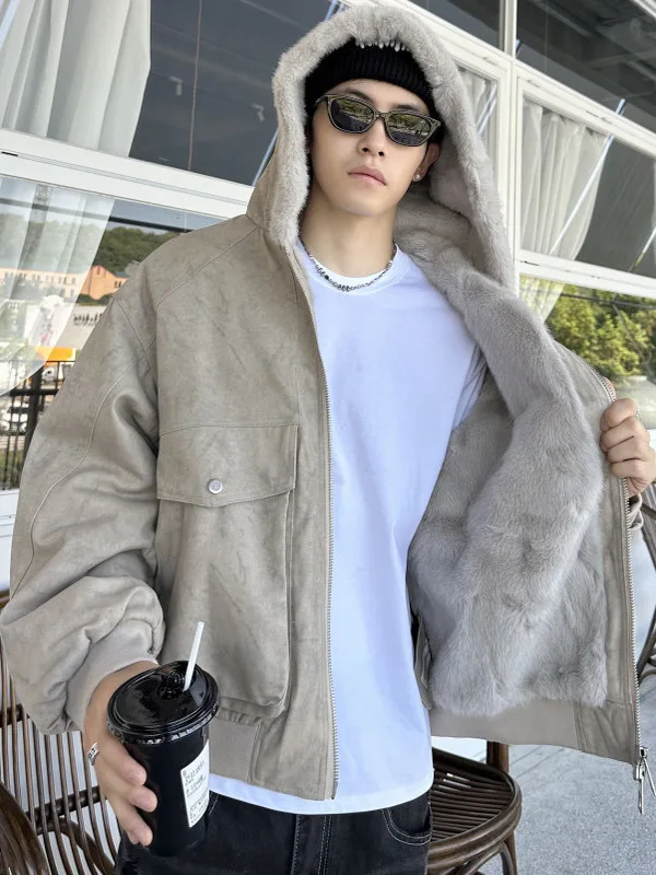 

American Retro Marble Carvings Men's Cotton Jaet Winter Water-Resistant Fur-Trimmed Fce-Lined Outerwear