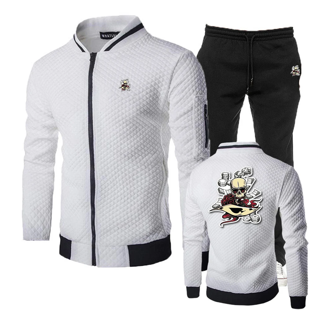 2025 Spring And Autumn Skull Poker chip Pattern Man's Fashion Slim Zipper Cardigan +Long Pants Casual Sports Suit