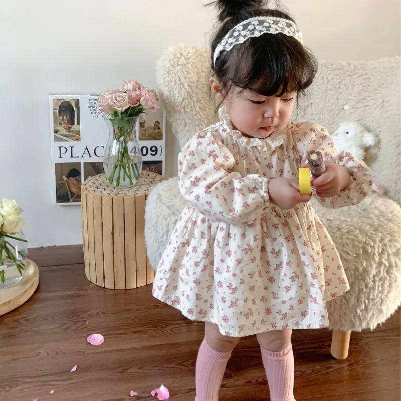 Newborn Baby Girl Floral Long Puff Sleeve Romper Dress Infant Toddler Lace Collar Pink Vestido Spring Summer Baby Clothes 6-24M