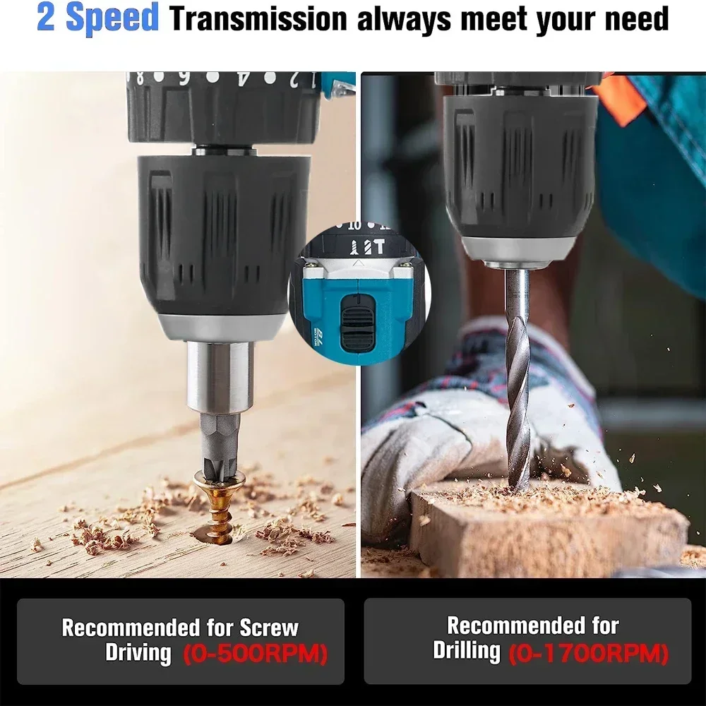 Brushless Electric Impact Drill, Martelo sem fio, Chave de fenda elétrica, Ferramenta elétrica, 3 em 1, 13mm, Torque 20 + 2 para bateria Makita 18V