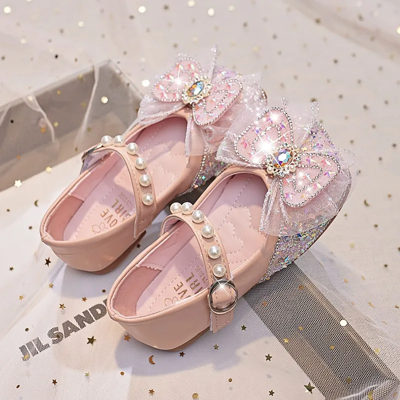 Princess Sequin Shoes for Girls Spring and Autumn Summer New Middle and Big Children's Single Shoes for Girls Bow Princess Shoes