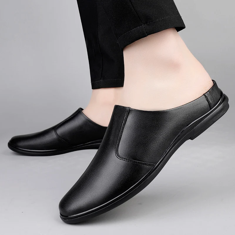

Luxury Brand Men's Comfortable Flat Leather Toe Slippers Classic Black/white Spring New Breathable and Non Slip Casual Loafers
