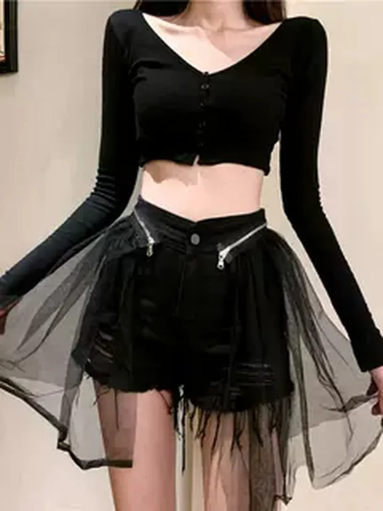

High Waist A-Line orts Women's Denim Me Zipper Splicing Loose Bla Hot Pants Trendy Two-Piece Outfit Korean Sle