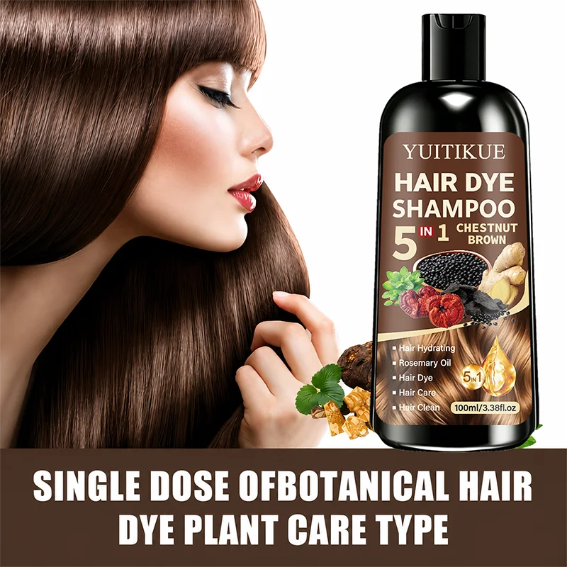 YUITIKUE 5 In 1 Chestnut Brown Hair Dye Shampoo 100ml, Rosemary Oil Plant Formula, Fast Home Hair Color Cover Gray White Hair