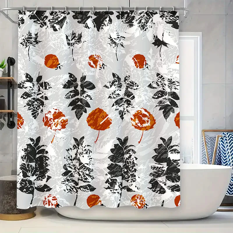 

Черно-белая занавеска для душа с цветочным принтом, деревенский декоративный водонепроницаемый коврик для ванной, аксессуары для ванной комнаты, оранжевый принт в виде листьев, домашний декор