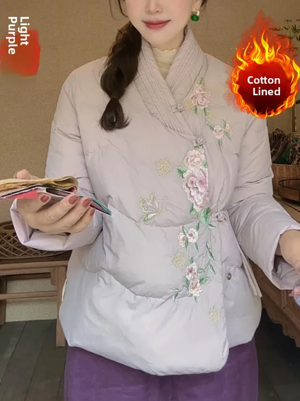 

New Chinese Sle Women's Cotton Jaet Embroidered Flower Stand Collar Improved Tang Costume Zen Tea Clothes Outerwear