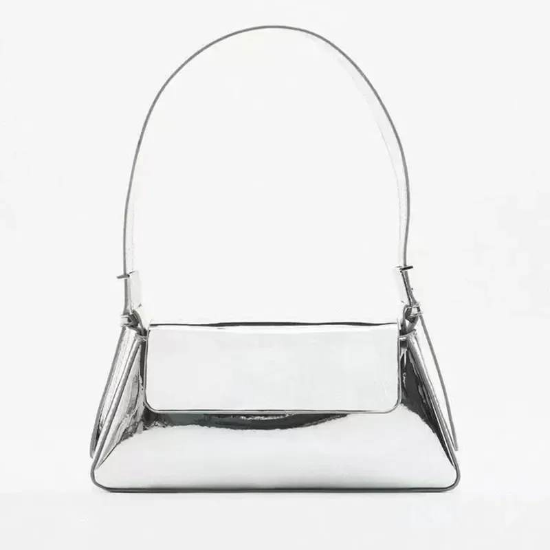 Magnetic Flap Bag Shoulder Bag Women Fashion Adjustable Strap Silver Gold PU Solid Color Simple Casual Underarm Bag