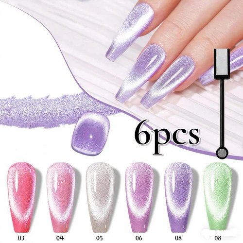 Imagen 2 del producto Juego de 6 botellas de esmalte de uñas de Gel magnético holográfico de ojo de gato, juego de Arte de uñas brillante extraíble de Gel UV semipermanente con imán