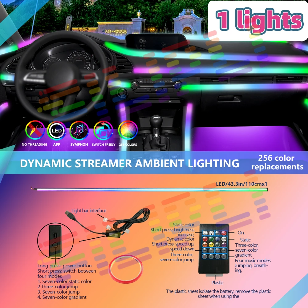 18 In1 Symphony Car LED Environment Light 256 RGB Rainbow Neon Bar Acrylic Interior Instrument Panel Atmosphere Light Music